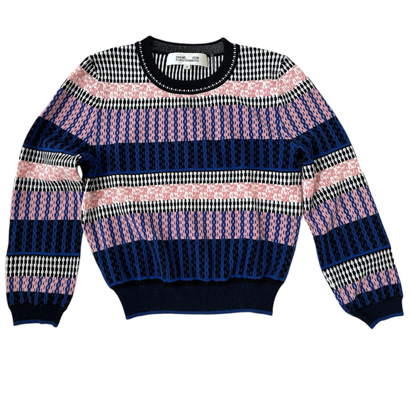 Diane Von Furstenberg Blue Pink Striped Crew Neck Sweater XS - Picture 3 of 5